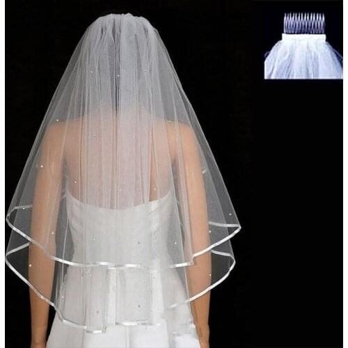 Beautiful White 2 Layer Stock Short Satin Hem Wedding Bridal Veil With Comb