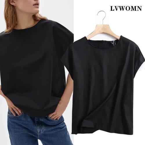 LVWOMN Blouse Women 2021 Za Summer Vintage Short Sleeve Loose Black Shirt Female Back Button Office Casual Tops Blusas Clothes