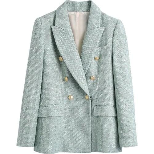 Merodi Office Lady Fashion Double Breasted Autumn Woolen Green Long Jacket Womens 2021 Za Long Sleeve Pockets Slim Thick Outwear