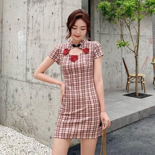 Fashion S-XL Red Grid Slim Sexy Party Casual Qipao Traditional Chinese Clothes Vintage Modern Shanghai Cheongsam Dress for Women