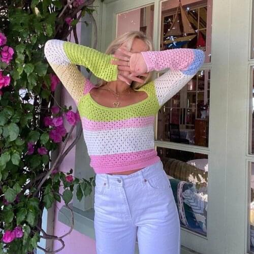 2021 Fashion Sexy Women Sweaters Long Sleeve Crew Neck Pullover Slim Knit Tops Autumn Winter Casual Striped Patchwork Knitwear