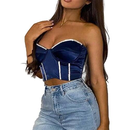 Fashion Women Shiny Rhinestone Sequined Tube Top Satin Lady Summer Casual Sexy Solid Sleeveless Crop Top Clubwear