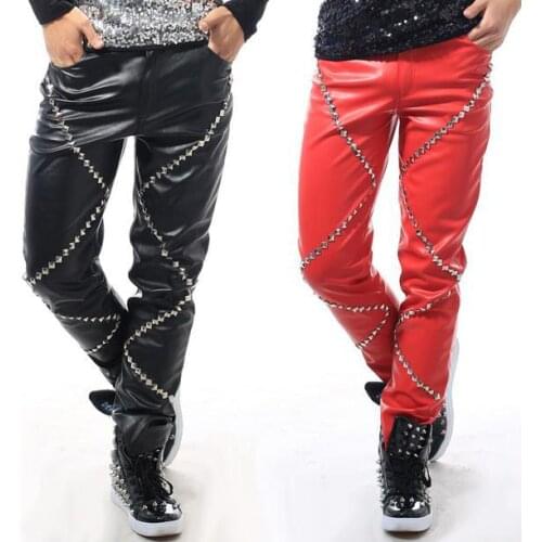Red black Singer Rivets street 1 pu leather pants men 1 pants man stage trousers faux leather pants Provide custom