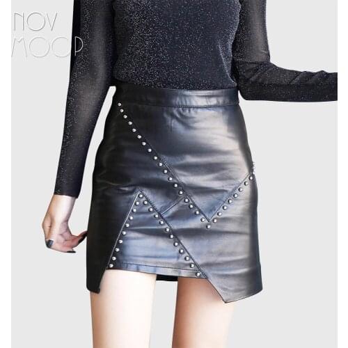 Novmoop American fashion style medium-rise waist black sheepskin genuine leather sexy skirt with rivet decor falda mujer LT2998
