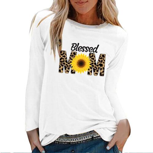 Blessed Leopard MM Sunflowers Print Long Sleeve Top Women Autumn Winter Woman Tshirts Cotton White O Neck Graphic Tee Streetwear