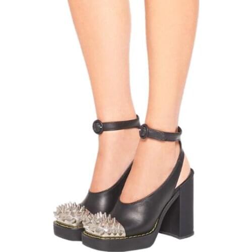 Punk British Style Woman Black White Pink Genuine Leather Metal Rivets Slingback Pumps Female Square Toe Chunky Heels Shoes