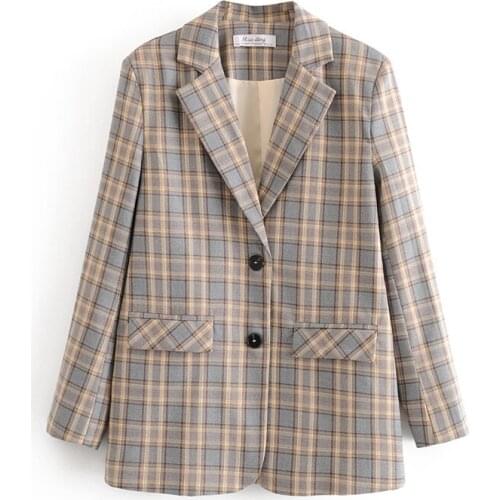 2020 New Vintage Womens Plaid Elegant Suit, Notched Collar Jacket, Casual Womens Pockets, Suit Girl, Chic Jacket