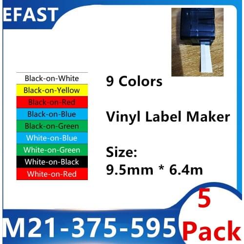 5Pack 9 colors M21 375 595 Vinyl Label Ribbon Black On White Compatible For BMP21 PLUS Printer M21-375-595 9.5mm *6.4m