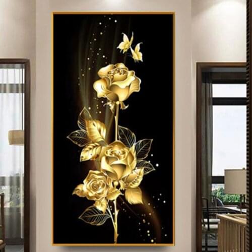 5D DIY Diamond Painting Gold Rose Full Drill Square Round Diamonds Embroidery Flower Entrance Wall Decorations Craft Kit A855