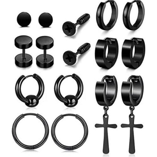 8 Pair Punk Black Multiple Styles Stainless/Titanium Steel Stud Earrings For Men and Women Gothic Street Pop Hip Hop Ear Jewelry