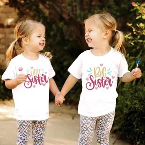 Children Clothing Big Little Sister T-Shirts Sisters Matching Outfits Twins Kids Girl Family Look Matching Anouncement Tops Tees