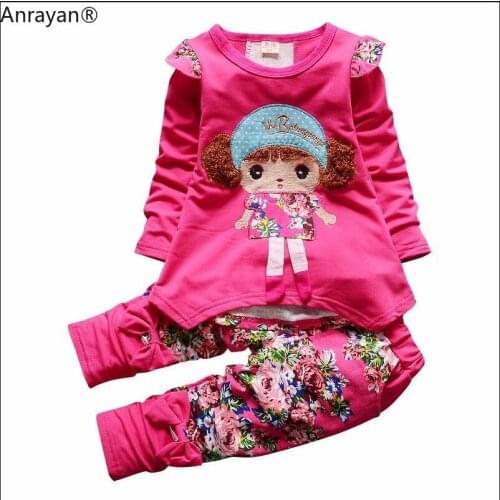 2020 Spring Autumn Kids Cartoon CUTE Girls Long Sleeve Flower T-shirt Pants Sets Infant Cotton Suits Children Clothes Tracksuit
