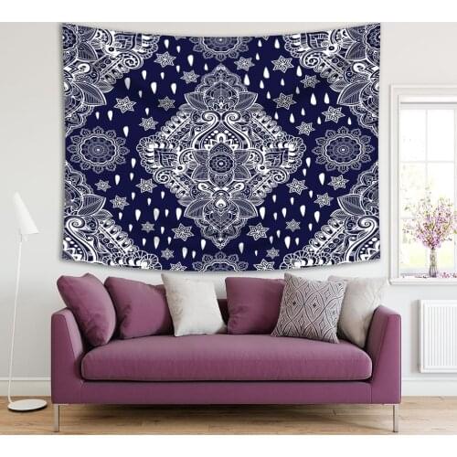 Tapestry Bohemian Floral Paisley Ornament Traditional Folk Art Decorating Pattern Navy Blue and White Color