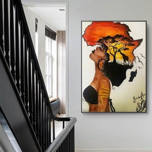 Classical African Woman Paintings on The Wall Abstract Africa Map Shape Head Wall Art Canvas Prints and Posters Home Decor