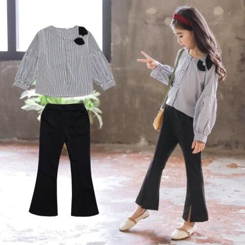 Toddler Teens Girls Clothing Set Striped Blouses Black Flares Pants 2pcs Kids Clothes for Girl Spring Fall Children Suits