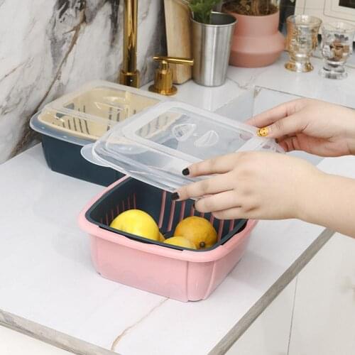 Food Storage Draining Box Double Drain Basket Container With Transparent Lid Washing Draining Cleaning For Fruits Vegetables