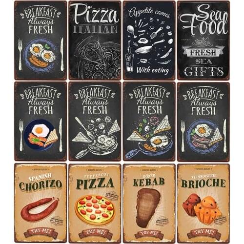 Delicious Breakfast Metal Tin Signs Pizza Hamburgers Vintage Food Poster Kitchen Decor Plaque Wall Decoration 20x30cm