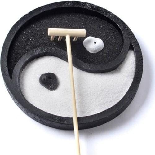 Mini Zen Garden Sand Tray Yin Yang Tai Chi Bagua Diagram Black and White Round Micro Landscape for Home Office Desk Home Decor