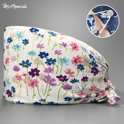 Multicolor cartoon print medical surgery hats button style beauty salon breathable nursing work caps cotton mens surgical hat