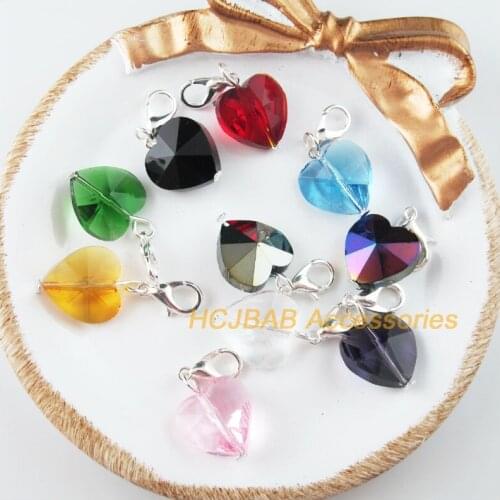 Fashion 10Pcs Mixed Crystal Heart Beads Charms Silver Plated With Clasps 14mm