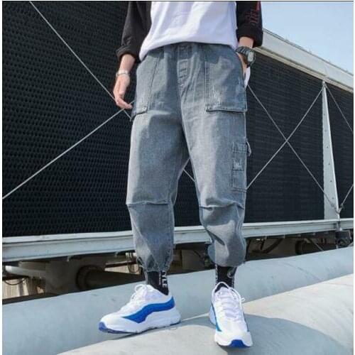 Mens Japanese Style Fashion Loose Jogger Pants Youth Casual Denim Trousers