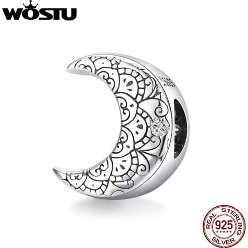 Wostu Genuine 925 Sterling Silver CZ Oxidized silver Vine & Moon Original Charm for Brand Female DIY Jewelry make SCC1604