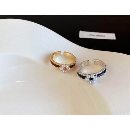 French Retro Enamel Simulated Pearl Flower Rings for Women Minimalist Gold Silver Color Alloy Adjustable Open Charm Ring Jewelry