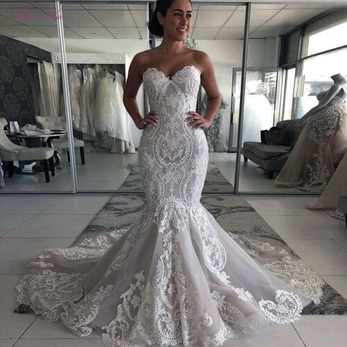 Julia Kui Luxury Skin Nude Mermaid Wedding Dresses With Lots of Pearls and Rhinestones Full Sleeve Bridal Dress