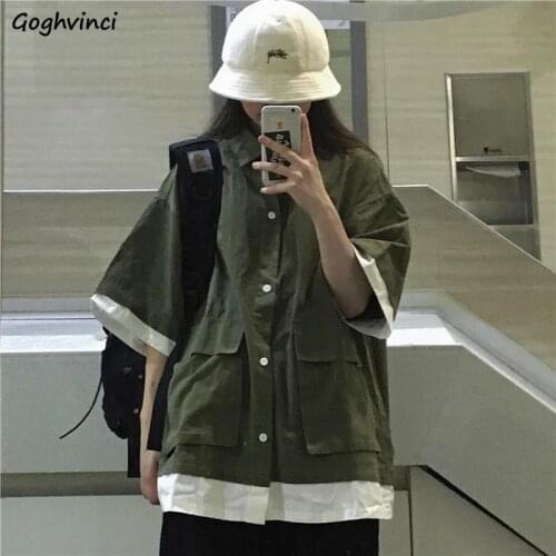 Shirts Women Patchwork Design Cool Streetwear Fashion Fake Two Pieces Korean Chic Simple Loose Summer Clothing for Female Casual