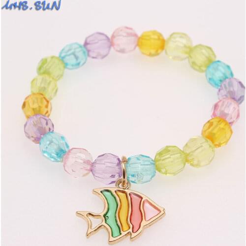 MHS.SUN 4PCS New Kids Girls Bead Bracelet Charming Heart/Mermaid Tail Cute Pendant Bangles DIY Jewelry Elastic Bangle For Gift