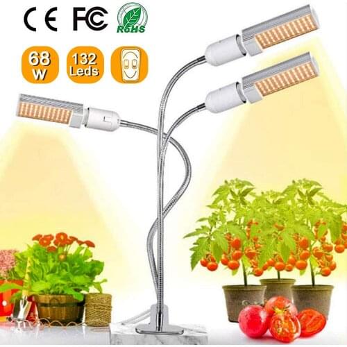 68W Timing LED Grow Light 5 Dimmable Levels Full Spectrum Growing Lamp with Triple Head 132 Leds Gooseneck for Indoor Plants