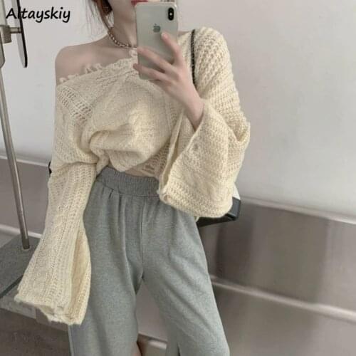 Cropped Sweaters Women Chic Hollow Out Design Korean Fashion Basic Soft Spring Vintage Femme Knitwear All-match Ladies Clothing