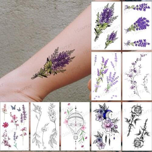 Waterproof Temporary Tattoo Sticker Purple Lavender Flower Green Color Tatoo Shoulder Arm Woman Man Child Art Flash Tatto