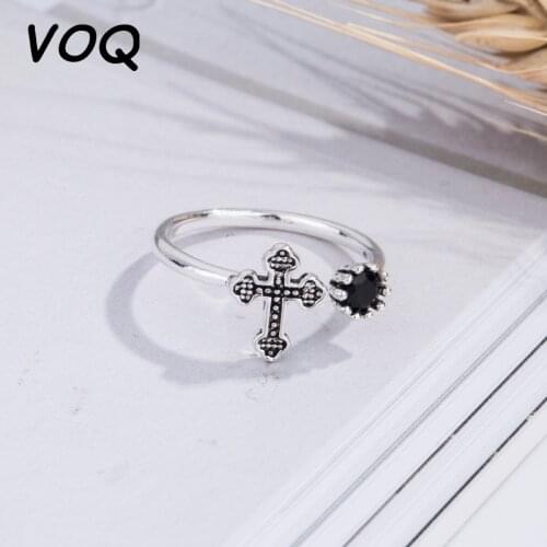 VOQ 925 Sterling Silver Simple Retro Cross Open Ring Ladies Christian Jewelry Party Office Jewelry