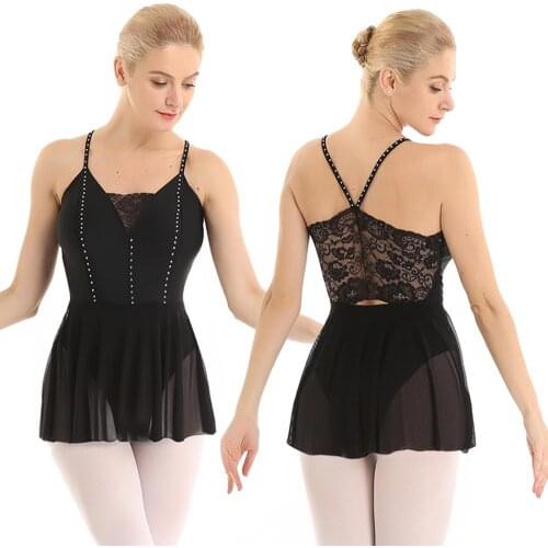 Adult Spaghetti Straps Shiny Rhinestone Ballet Gymnastics Leotard Women Lace Back Figure Skating Dress Performance Dance Costume