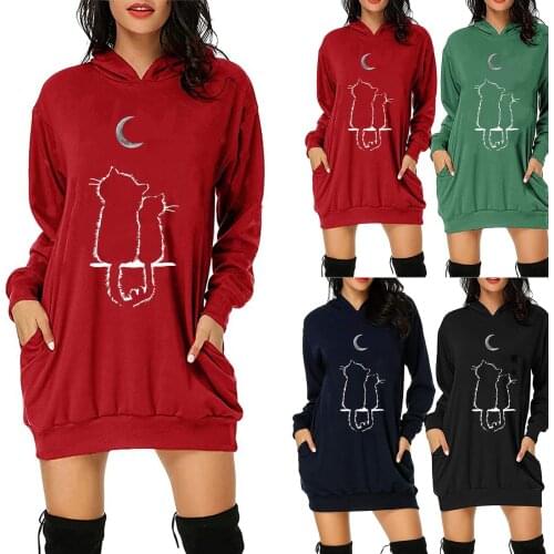 Womens hooded long-sleeved solid-color pure cotton long T-shirt with a cat and moon pattern