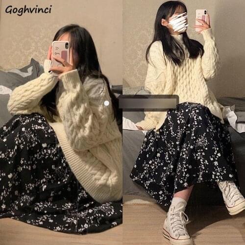 Women Sets Tender Girls Sweet Knitted Turtleneck Loose Lazy Drop-shoulder Sweaters Floral A-line Skirts Korean Style Autumn New
