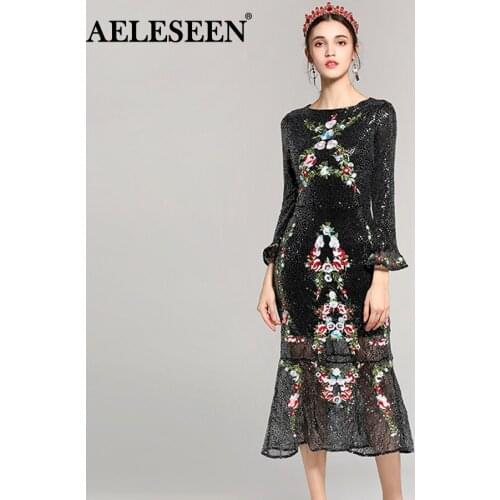 AELESEEN Vintage Slim Sexy Party Dresses Fashion Flare Sleeve Luxury Sequined Flower Embroidery Mid-Calf Trumpet Dress Women