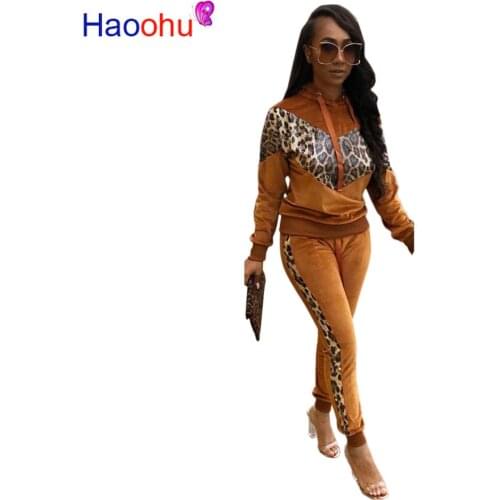 Velvet Women Two Piece Set Leopard Printed Patchwork Hoodies Long Sleeve Sweatshirt + Slim Pants Suits Sporty Outfits Tracksuits