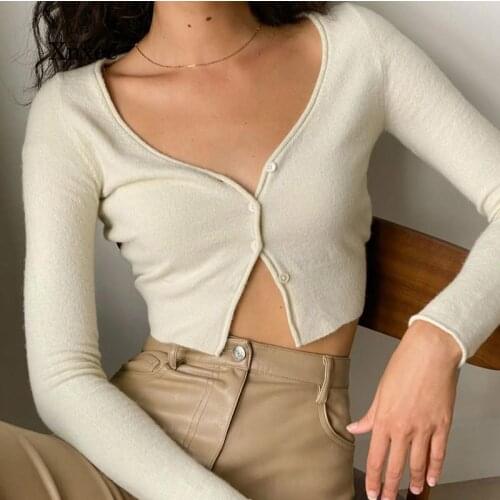 Spring and Autumn Womens Long Sleeve Top Sexy V-Neck Button Cropped Knit Cardigan