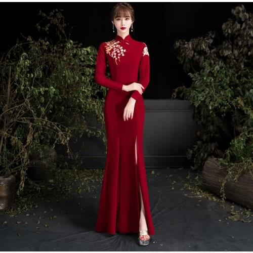 Women Elegant Bridal Wedding Dress Exquisite Flower Embroidery Chinese Banquet Gown Sexy Slim Front Split Evening Party Dresses