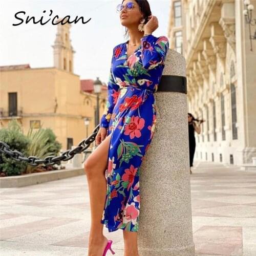 Blue Floral Dress Za Women V Neck Plus Size Casual Sashes Slit Midi Dresses Summer Sukienka Letnia Vestidos De Mujer Casual