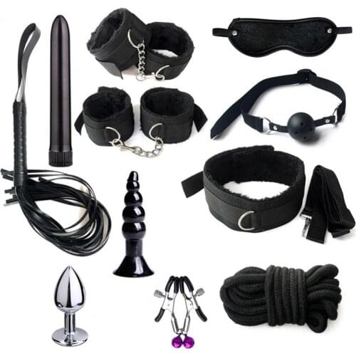 11Pcs/Set BDSM Game Clothes Sexy Bondage Whip Handcuffs Mouth Plug Mask Anal Plug Flirting Sex Toys Kit Adult Game Cosplay Tools