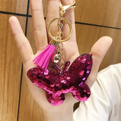 15Pcs/lot Cute Butterfly Keychain Glitter Pompom Sequins Key Chain Gifts For Women Car Bag Accessories Key Ring Wedding Souvenir