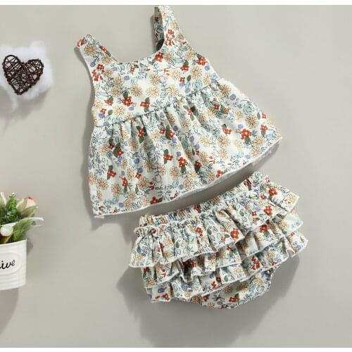 Children Baby Girls Summer 2pcs Casual Outwear Small Floral Print Camisole + Multi-layer Ruffle Decoration Shorts Home Wear