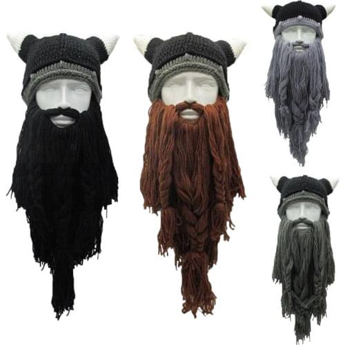 2019 Halloween Cosplay Men Knitted Viking Beard Horn Hat Ski Mask Cap Barbarian Vagabond Cap Cool Warm Unisex for Winter Hat