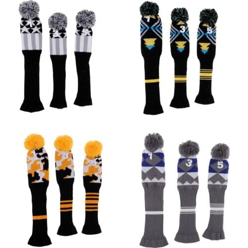 3Pcs Golf Driver Rescue Head Cover Long Neck Pom Pom Wood Headcovers Golf Club Head Covers with Number Tag 1 3 5 Golf Headcover