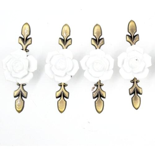 5pcs/Set Small White Rose Flower Ceramic Alloy Base Door Handle Kitchen Cupboard Closet Drawer Cabinet Furniture Pull Knob 119mm