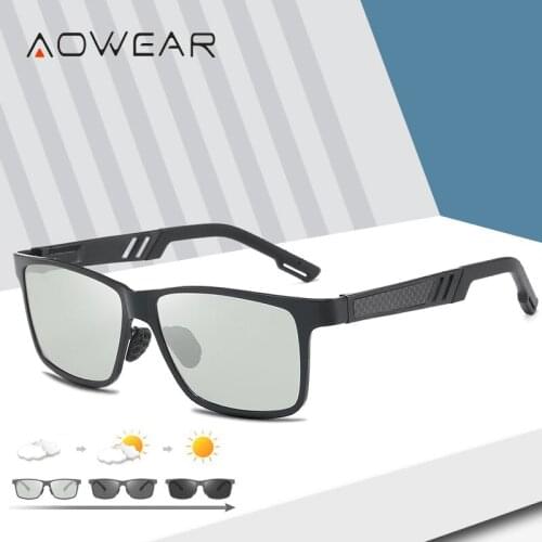 AOWEAR Square Photochromic Polarized Sunglasses Men Top Quality Aluminum Day Night Driving Chameleon Lenses Glasses Retro Oculos
