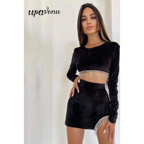Free Shipping High Quality 2021 Womens Velvet Skirt Set Sexy Fringed Halter Short Top & Mini Skirt Party Diamond Two-piece Set